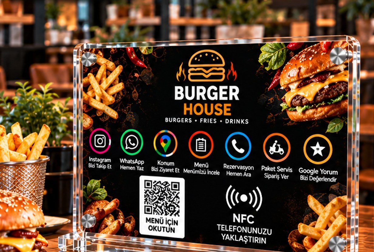 Restoran masasında duran Leo Connect QR ve NFC standı